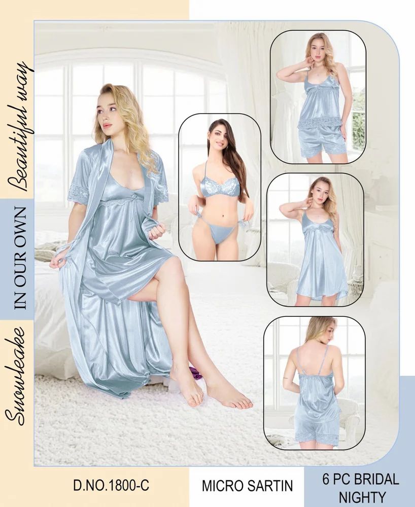 Luxury 6-Piece Bridal Nightwear Set | Micro Satin Silk Nighty, Bra & Robe | Honeymoon Lingerie Set for Women | Elegant Bridal Gift