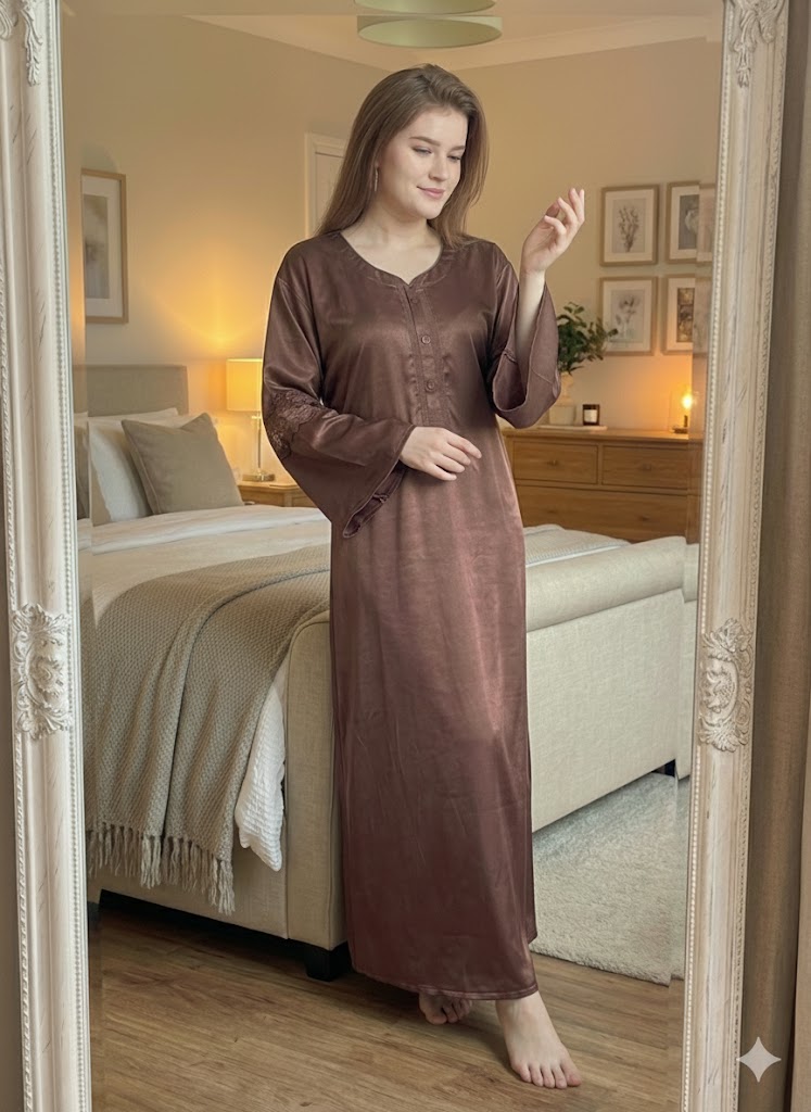 Women’s Brown Satin Nighty | Soft Full-Length Sleepwear