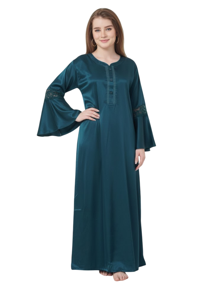 Women’s Full-Length Teal Satin Nighty with Bell Sleeves