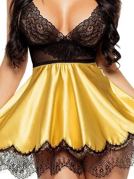 Women&#39;s Silk Babydoll Lingerie Set and Sexy Midi Babydoll with Thong - luxuriesbliss